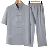 Conjunto de Camisa de Seda Gelada de Manga Curta Estilo Tang Masculino para Pais de Meia-Idade e Idosos, Camisa Casual Solta Estilo Chinês para Avô