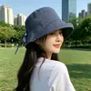 Sombrero de Pescador Delgado Transpirable de Verano para Mujer, Sombrero de Cubo Versátil Casual a Cuadros Estilo Japonés con Ala Ancha, Hace que la Cara Parezca Más Pequeña, Sombrero de Protección Solar