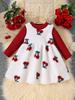 Top de Manga Larga de Color Sólido para Primavera y Otoño, Vestido sin Mangas con Estampado de Cerezas, Lindo Conjunto Casual de Dos Piezas