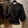 Blusa de Trabalho Preta com Mangas Bufantes Estilo Francês para Mulheres, Novo Modelo Primavera 2026, Jovem e Elegante, Versátil