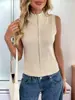 Amazon 2025 Primavera y Verano Nuevo Chaleco Simple Europeo y Americano Cárdigan Transfronterizo Cremallera Solapa Color Sólido Suéter sin Mangas para Mujer
