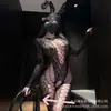 Yimengyao Seda Preta Lingerie Sexy Comércio Exterior Europeu e Americano Manga Longa Malha Rasgada Vazada Costas Nuas Body Apertado Y045