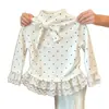 Camiseta de lunares estilo coreano para niña para primavera y otoño, con corbatín, ribete de encaje y top interior de moda
