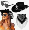 Juego de 3 piezas: Sombrero de vaquero con estrella de pedrería, Gafas de sol con forma de corazón, Pañuelo para la cabeza con borla de vaquero, Set para Fiesta de Cosplay