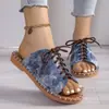 Pantuflas de Mujer Talla Grande Estilo Europeo y Americano en Stock Verano 2025 Pantuflas de Encaje con Punta Abierta para Uso en Exteriores Sandalias Planas Casuales de Tira Cruzada