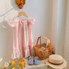 Vestido de Pastel con Solapa Estampado a Rayas de Colores Arcoíris para Niñas, Estilo Verano 2026, Mangas Volantes de Algodón Estilo Coreano para Niños