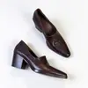 Em estoque~Sapatos de salto grosso de boca funda para mulheres, estilo britânico, abertura em V, bico fino, tipo couro, Mary Janes para o trabalho, mocassins, mules