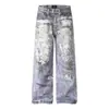 2026335 Jeans de Sarja Masculino Loose de Perna Larga Estilo de Rua Retrô Americano com Design Rasgado High Street
