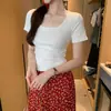 Algodão Puro Manga Curta Estilo Coreano Dopamina Lindo Roxo Gola Quadrada Ombro Caído Manga Curta Camiseta Feminina Verão Nova Chegada Top Deslumbrante