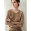 Camiseta de punto de cachemira 100% lista para usar de primera línea para mujer, cuello en V, suave y agradable para la piel, suéter pullover de manga larga para mujer
