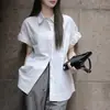 Venda Direta da Fábrica Camisa Feminina Manga Curta Azul Claro, Novo Design Verão 2026, Estilo Nicho, Blusa de Algodão Puro de Comprimento Médio