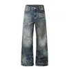 K5692 Rua Estilo Americano Unissex Tendência de Rua Visual Sujo e Desgastado Design de Padrão de Relâmpago Jeans Solto Masculino Bigodes de Gato Retrô