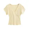 Ropa de Mujer Transfronteriza al por Mayor Cintura Pequeña Cuello en V Cruzado Mangas Cortas Volantes Diseño Camiseta Mujer Verano Adelgazante Manga Corta Top