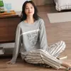 Pijama Feminino de Algodão Puro com Desenho Primavera e Outono Novo Gola Redonda Pulôver Pode Ser Usado Fora Calça de Manga Longa Conjunto para Casa