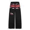 Estilo de rua americano, design invertido, estampa de bandeira, bainha curva, unissex de modelagem solta, calça de moletom larga e fluida para dança de rua