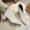 Botas de couro elegantes estilo coreano, bico fino, salto grosso, coleção outono 2026, botas femininas simples, couro macio fashion com zíper traseiro, botinhas