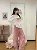 Pijama Holgado con Estampado de Fresas para Mujer, Otoño Casual Versátil Holgado Adelgazante Manga Larga Pantalón Largo Conjunto de Ropa para el Hogar