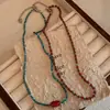 Corrente de Clavícula Vintage com Contas para Mulheres, Contas Vermelhas e Azuis, Design de Nicho, Elegante Colar Corrente para Férias na Praia