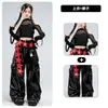 Ropa de Jazz para Niñas, que Muestra el Abdomen, Hombros Descubiertos, Pantalones de Malla de Cuero Conjunto de Ropa de Baile, Atuendo de Baile Callejero de Jazz para Niñas