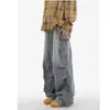 Pantalones largos rectos de primavera y otoño, ligeramente elásticos, pantalones de trabajo de mezclilla lavada, de bolsillo grande, pierna ancha, pantalones cargo modernos