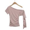 Camiseta feminina de manga curta com estampa de ombro de fora e gola inclinada, estilo Pure Spice Girl, slim fit, com alças, estilo verão