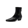 Hebilla de Cinturón Elegante para el Trabajo Botas Adelgazantes Otoño/Invierno 2026 Tacón Grueso Tacón Medio Punta Cuadrada Pequeña Elásticas Adelgazantes Botines de Temperamento para Mujer
