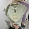 Novo estilo chinês estilo nacional bordado manga voadora t-shirt mulheres verão meio aberto colar botão camisa pequena base curta malha top