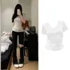 Camiseta para Mujer Verano Estilo Retro Americano Coreano Dulce Fresca Picante Chica Cuello en V Hombro Normal Manga Corta Ajuste Delgado Moda Versátil