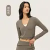 Chamarra deportiva corta de cuello en V para mujer con cierre, corte holgado, adelgazante, manga larga, para yoga, adecuada para Pilates y yoga
