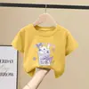 2238 # 2025 Nova Camiseta de Algodão Puro de Manga Curta para Meninas, Crianças Pequenas, Médias e Grandes, Tops Casuais Soltos Estampados, Tendência