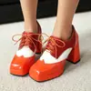 2025 Nova Cor Color Block Cadarço Bico Quadrado Sapatilhas Plataforma Sola Grossa Sapatos de Salto Grosso Tamanhos Grandes 40-48 Exportação Transfronteiriça