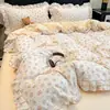 2026 Novo Conjunto de Roupa de Cama Princess de Algodão Waffle Jacquard Estilo Coreano com Renda e Acabamento em Renda de Quatro Peças