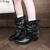 Botines vaqueros western plisados negros para mujer, estilo coreano, nuevos para primavera/otoño, botines sencillos, corte en V, remaches, punta fina, tacón grueso, Botas Martin