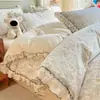 Exportar a Corea Juego de Cama de Encaje de Algodón Puro Estilo Coreano Estilo Sanador Juego de Cuatro Piezas Pequeño Floral con Volantes Juego de Tres Piezas de Algodón Puro