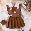 Conjunto de Tres Piezas para Niñas 2025 Estilo Coreano Primavera y Otoño Camisa con Solapa y Mangas Abullonadas Chaleco con Flores Falda Plisada