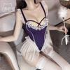 Lingerie Sexy para Amantes de Gatos, Desejo Puro, Beleza que Agita a Alma, Body Slimming de Renda com Babados e Alças, com Entrepernas Aberto B12