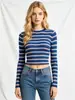 Suéter de tricô listrado retrô estilo europeu e americano para mulheres, camada interna de outono, top curto slim fit com gola redonda, adequado para usar como camada externa