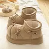 Botas de Nieve para Mujer con Lazo Rojo de Diseño Único, Estilo Coreano Versátil, Cálidas con Forro de Terciopelo, Zapatos de Algodón para Otoño e Invierno