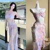 Traje de baño de mujer Amazon rosa floral, puro y dulce, bikini de dos piezas estilo falda, falda larga para vacaciones en la playa
