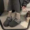 Populares zapatos estilo Birkenstock redondos y retro con forro de felpa gris, mocasines planos cálidos de invierno 2026, zapatos de algodón sin cordones para mujer