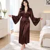 Robe Longo de Cetim Francês para Mulheres, Mangas Sino, Decote em V, Amarração, Robe de Manhã, Sessão de Fotos de Noiva, Pijama para Casa 211