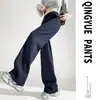 Calça casual feminina de perna larga, forrada com fleece e espessa para outono e inverno, azul marinho, corte solto, versátil para o trabalho, com uma vibe descontraída, calça modelo novo 2026