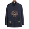Conjunto de Manga Longa Estilo Tang para Homens de Meia-Idade e Idosos, Primavera e Outono Vermelho Bordado com a Palavra'', Roupa de Pai, Conjunto de Duas Peças Hanfu Estilo Chinês para Avô
