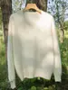 Suéter de punto para mujer 100% cachemira pura cepillada, cuello en V grueso, mangas raglán, corte holgado, efecto adelgazante