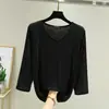 Camiseta modal estilo coreano de manga três quartos para mulheres, peça para usar por baixo no outono, gola V que afina, top liso solto e versátil