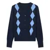 Cárdigan de Punto Redondo con Patrón Argyle Estilo Británico para Mujer, Suéter de Lana con Bloques de Color Nuevo 2026, Ropa de Abrigo Ajustada