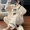 Estilo Princesa Outono e Inverno Pijama Doce de Fleece Coral Calças de Manga Longa Flanela Estilo Conjunto Quente