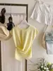 Blusa de Tricô Listrada Estilo Coreano Simples para o Dia a Dia com Design de Verão, Botões Laterais, Amarração Cruzada na Cintura, Efeito Emagrecedor, Barra Irregular