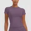 Nuevo producto transfronterizo: Ropa de yoga fina de color liso con cuello redondo, camiseta de entrenamiento ajustada, top deportivo de manga corta, ropa para correr y fitness
