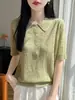 Transfronterizo 2026 Verano Nuevo Estilo Suéter de Punto Fino de Lana para Mujer con Cuello Polo de Manga Corta y Diseño Hueco, Camiseta Base Fina de Cuello Solapa